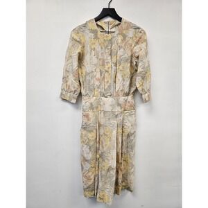 Pastel Floral Dress Womens Medium Beige Yellow 3/4‎ Sleeve Pleated Midi Boho